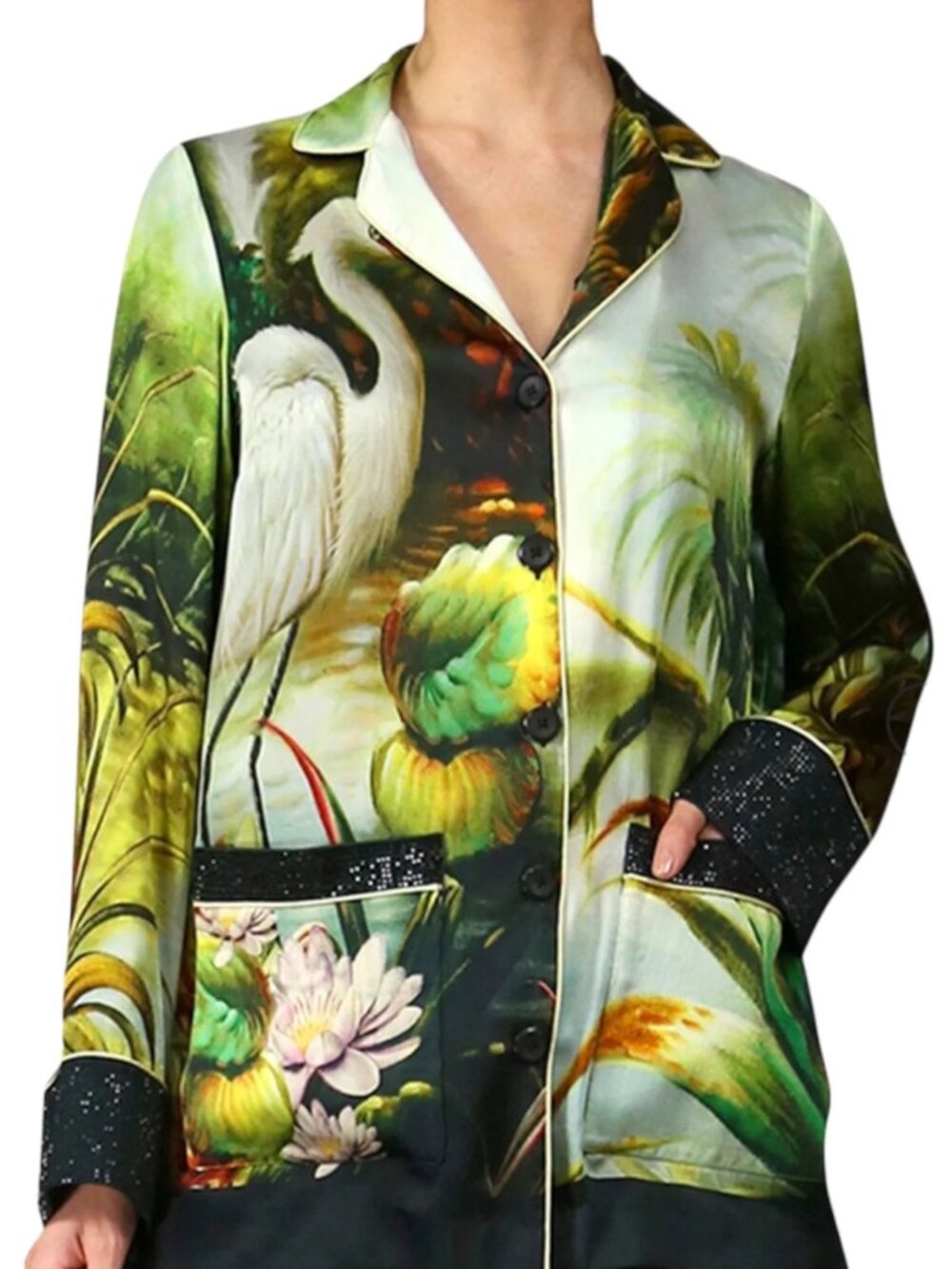 Kyle X Shahida Jungle Print Pajama Top M Green Envy Bird Design
